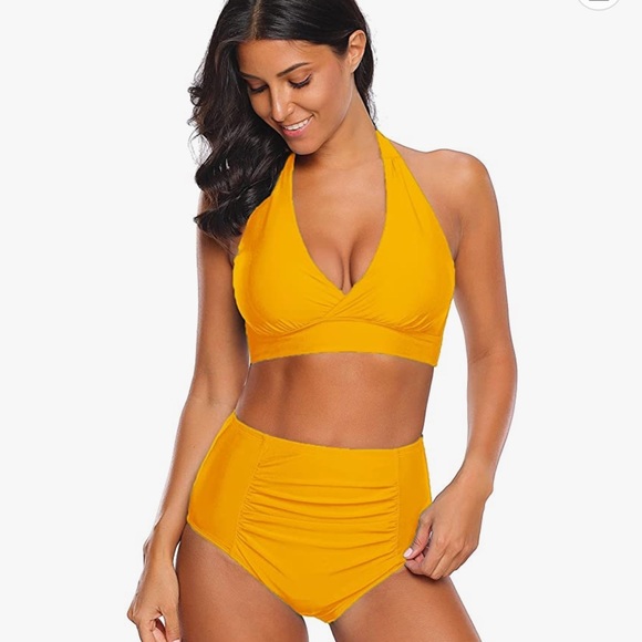 🌈Halter Self Tie Ruched High Waist Two Piece Bikini - Picture 1 of 4